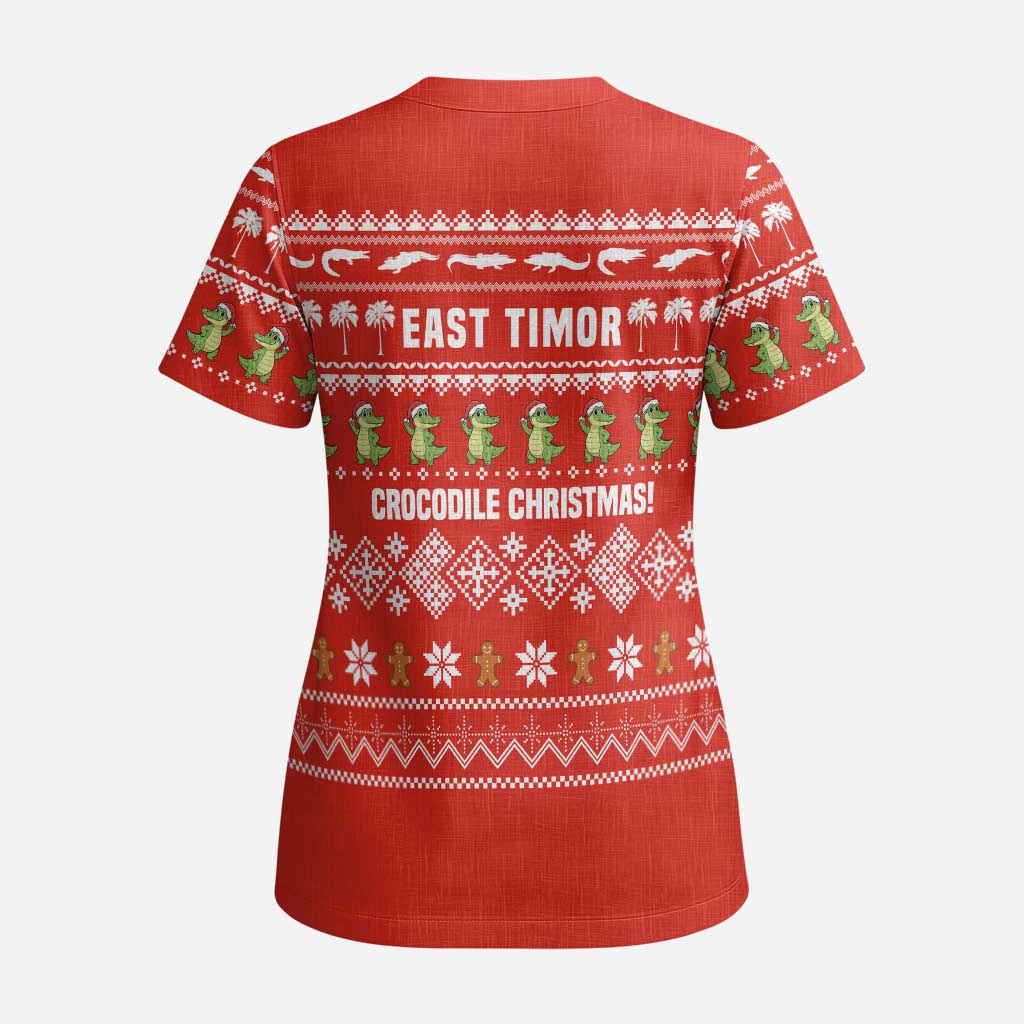 East Timor Christmas Scrub Top with Santa Crocodile Gingerbread Palm Trees and Red Holiday - Wonder Print Shop