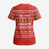 East Timor Christmas Scrub Top with Santa Crocodile Gingerbread Palm Trees and Red Holiday - Wonder Print Shop