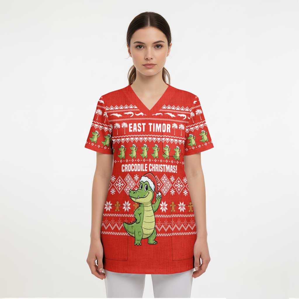 East Timor Christmas Scrub Top with Santa Crocodile Gingerbread Palm Trees and Red Holiday - Wonder Print Shop