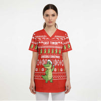 East Timor Christmas Scrub Top with Santa Crocodile Gingerbread Palm Trees and Red Holiday - Wonder Print Shop