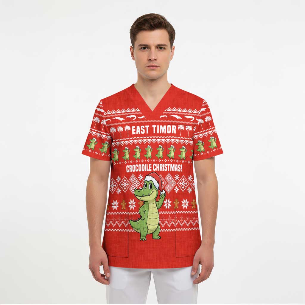 East Timor Christmas Scrub Top with Santa Crocodile Gingerbread Palm Trees and Red Holiday - Wonder Print Shop