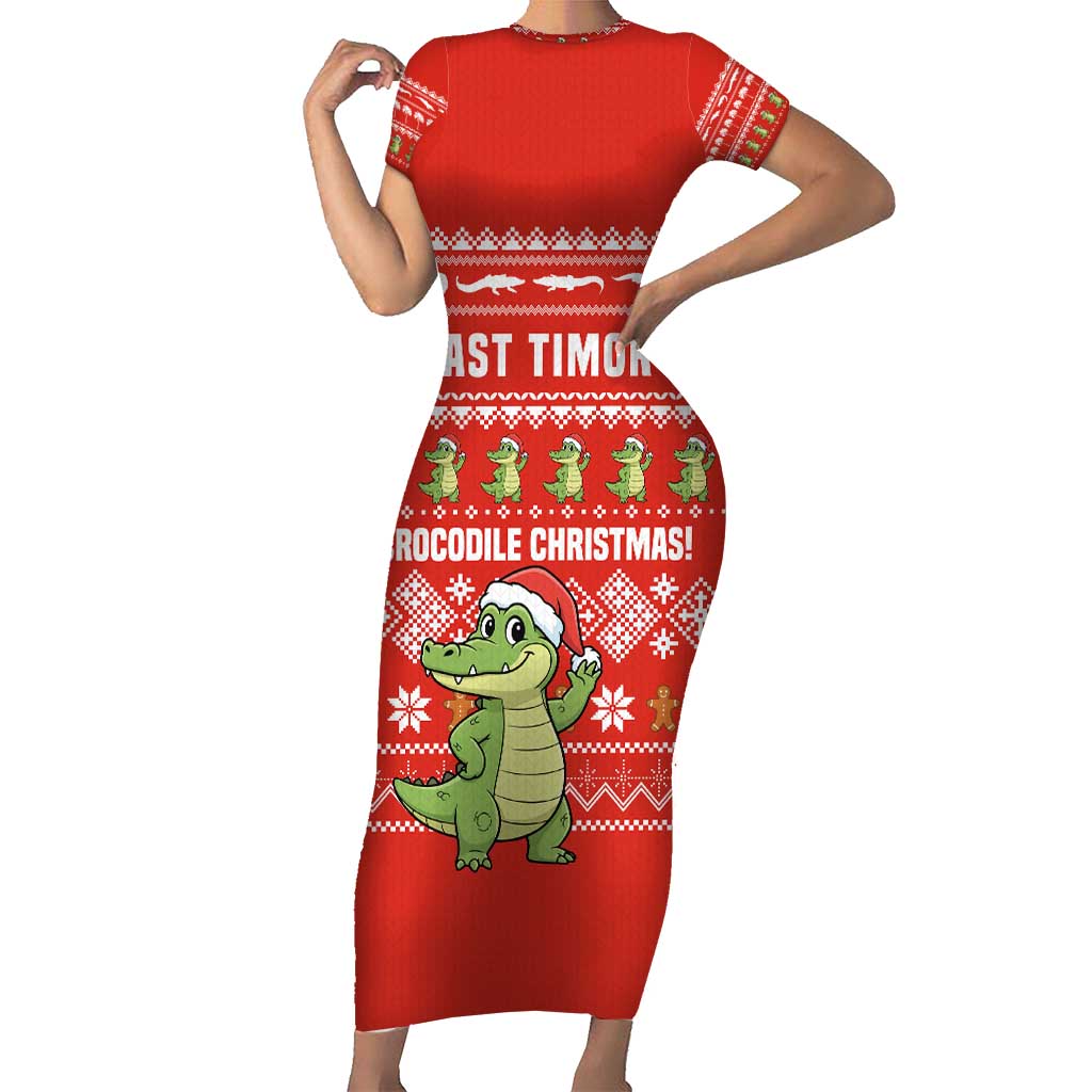 East Timor Christmas Short Sleeve Bodycon Dress with Santa Crocodile Gingerbread Palm Trees and Red Holiday - Wonder Print Shop