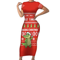 East Timor Christmas Short Sleeve Bodycon Dress with Santa Crocodile Gingerbread Palm Trees and Red Holiday - Wonder Print Shop