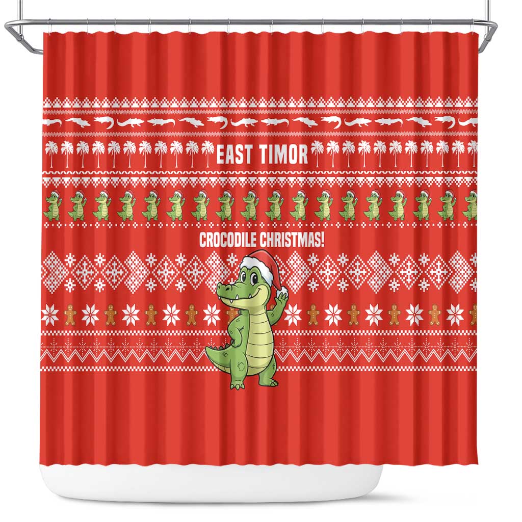 East Timor Christmas Shower Curtain with Santa Crocodile Gingerbread Palm Trees and Red Holiday - Wonder Print Shop