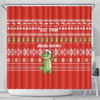 East Timor Christmas Shower Curtain with Santa Crocodile Gingerbread Palm Trees and Red Holiday - Wonder Print Shop