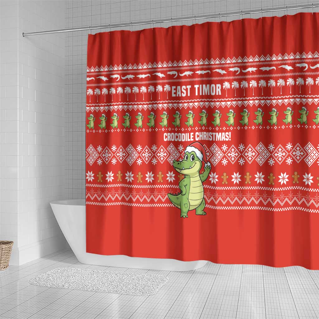 East Timor Christmas Shower Curtain with Santa Crocodile Gingerbread Palm Trees and Red Holiday - Wonder Print Shop