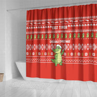 East Timor Christmas Shower Curtain with Santa Crocodile Gingerbread Palm Trees and Red Holiday - Wonder Print Shop