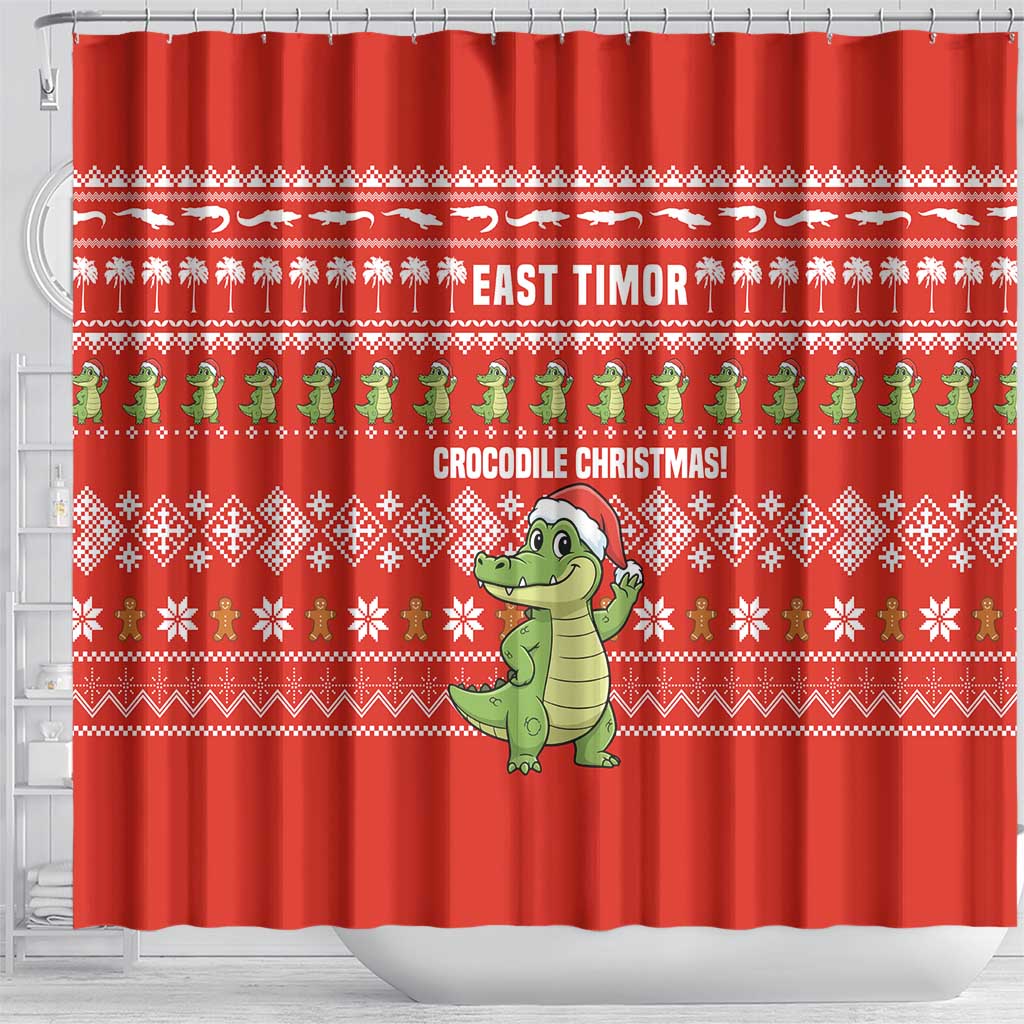 East Timor Christmas Shower Curtain with Santa Crocodile Gingerbread Palm Trees and Red Holiday - Wonder Print Shop
