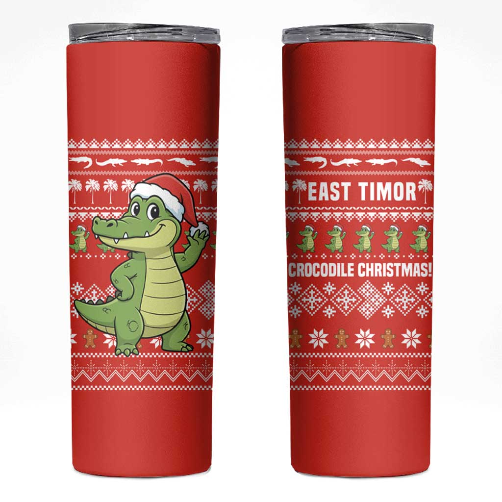 East Timor Christmas Skinny Tumbler with Santa Crocodile Gingerbread Palm Trees and Red Holiday - Wonder Print Shop
