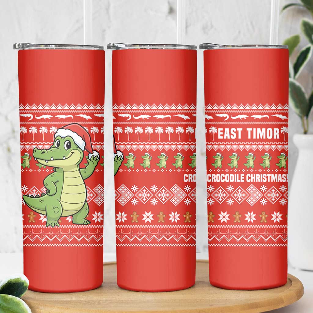 East Timor Christmas Skinny Tumbler with Santa Crocodile Gingerbread Palm Trees and Red Holiday - Wonder Print Shop