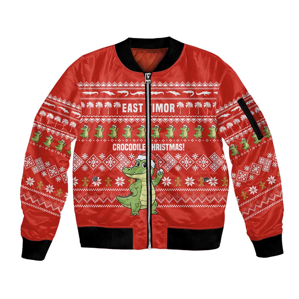 East Timor Christmas Sleeve Zip Bomber Jacket with Santa Crocodile Gingerbread Palm Trees and Red Holiday - Wonder Print Shop