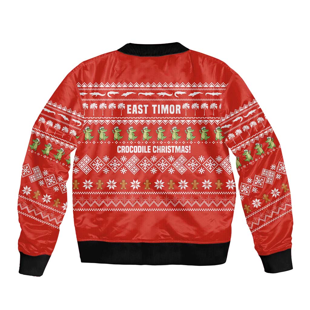 East Timor Christmas Sleeve Zip Bomber Jacket with Santa Crocodile Gingerbread Palm Trees and Red Holiday - Wonder Print Shop