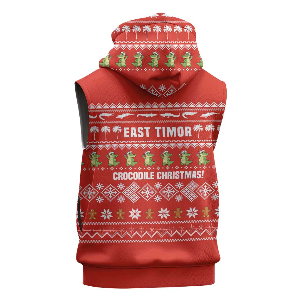 East Timor Christmas Sleeveless Hoodie with Santa Crocodile Gingerbread Palm Trees and Red Holiday - Wonder Print Shop