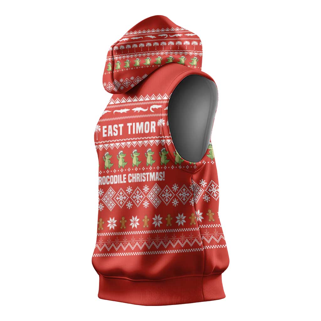 East Timor Christmas Sleeveless Hoodie with Santa Crocodile Gingerbread Palm Trees and Red Holiday - Wonder Print Shop