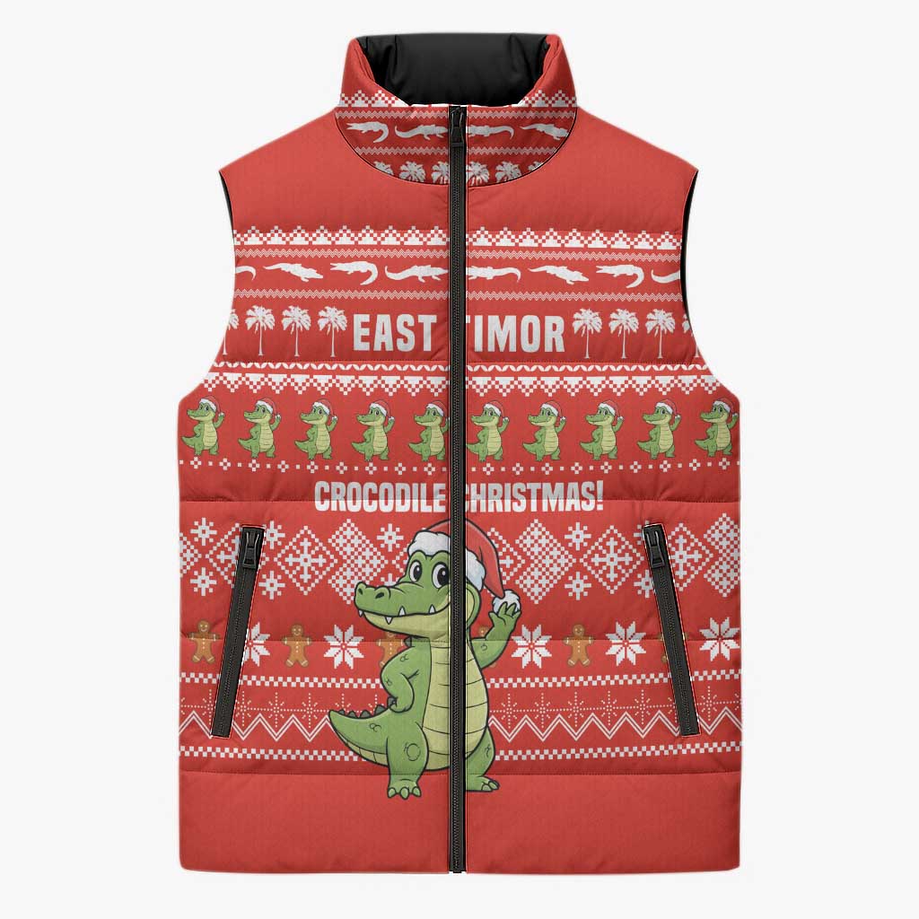 East Timor Christmas Sleeveless Puffer Jacket with Santa Crocodile Gingerbread Palm Trees and Red Holiday - Wonder Print Shop