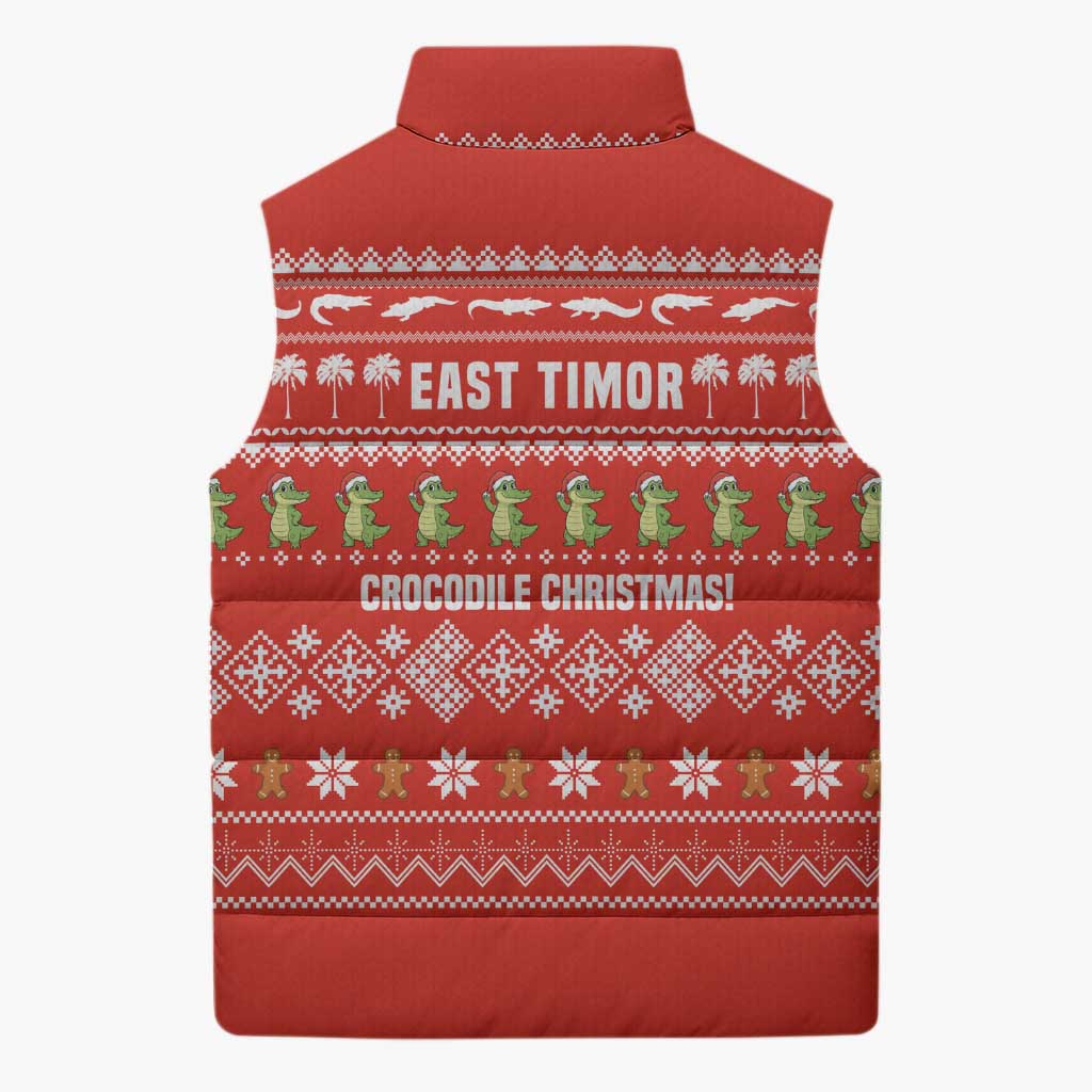 East Timor Christmas Sleeveless Puffer Jacket with Santa Crocodile Gingerbread Palm Trees and Red Holiday - Wonder Print Shop