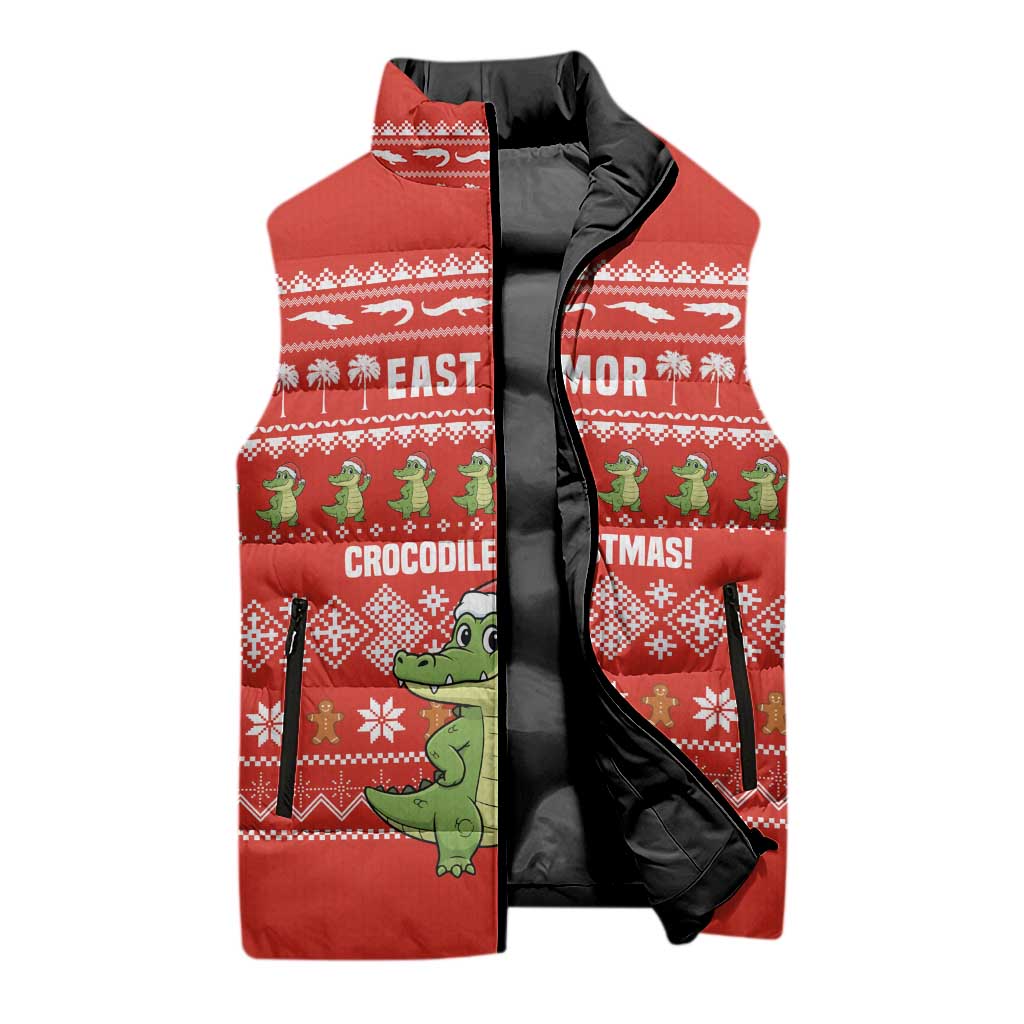 East Timor Christmas Sleeveless Puffer Jacket with Santa Crocodile Gingerbread Palm Trees and Red Holiday - Wonder Print Shop