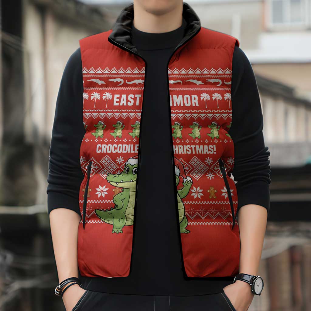 East Timor Christmas Sleeveless Puffer Jacket with Santa Crocodile Gingerbread Palm Trees and Red Holiday - Wonder Print Shop