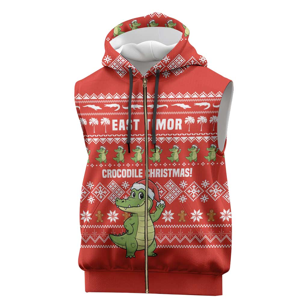 East Timor Christmas Sleeveless Zip Hoodie with Santa Crocodile Gingerbread Palm Trees and Red Holiday - Wonder Print Shop