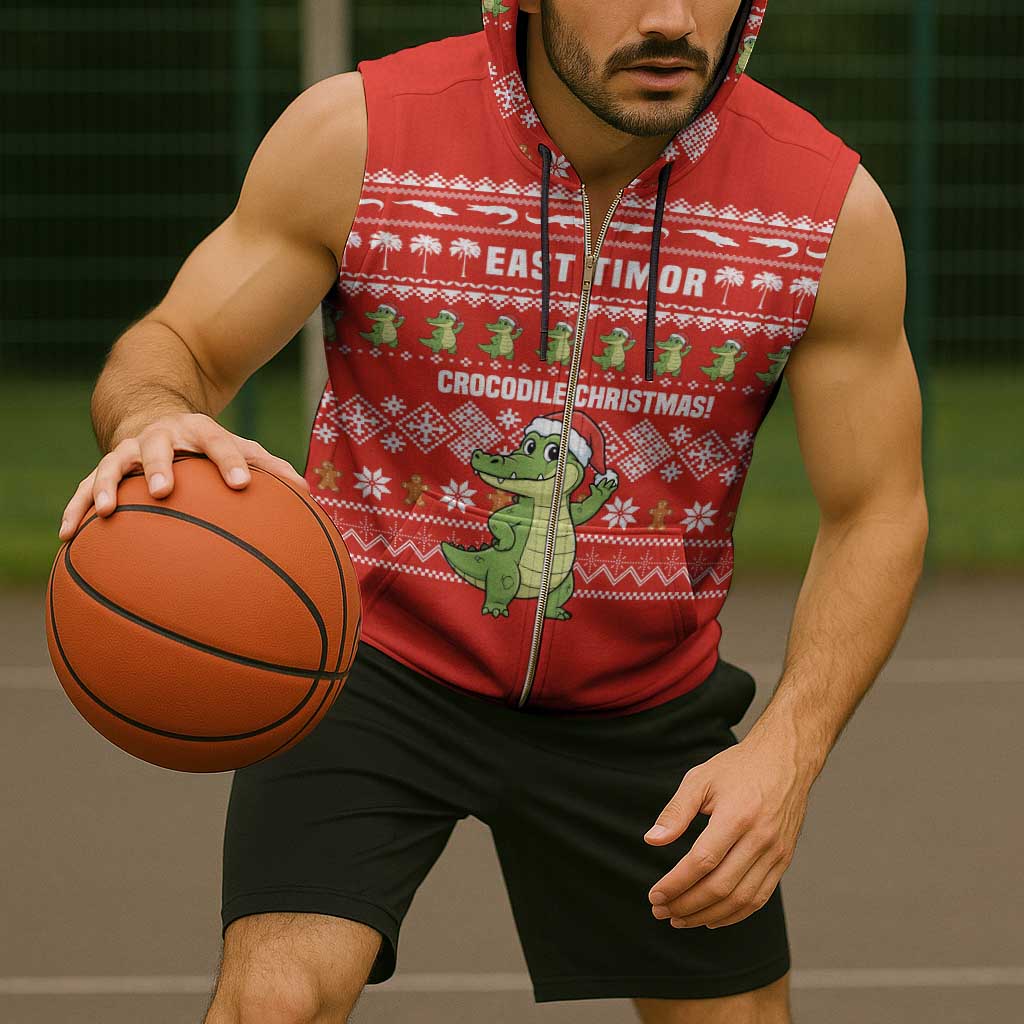 East Timor Christmas Sleeveless Zip Hoodie with Santa Crocodile Gingerbread Palm Trees and Red Holiday - Wonder Print Shop