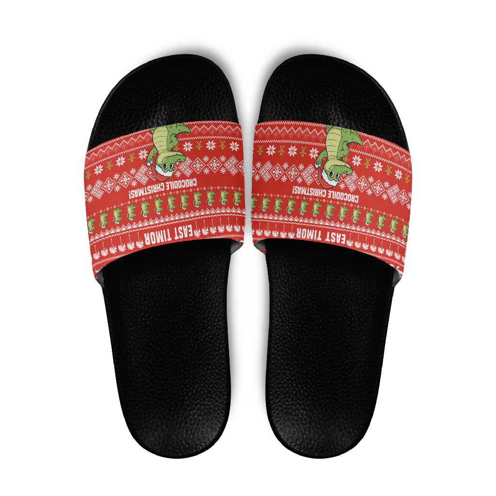 East Timor Christmas Slide Sandals with Santa Crocodile Gingerbread Palm Trees and Red Holiday - Wonder Print Shop