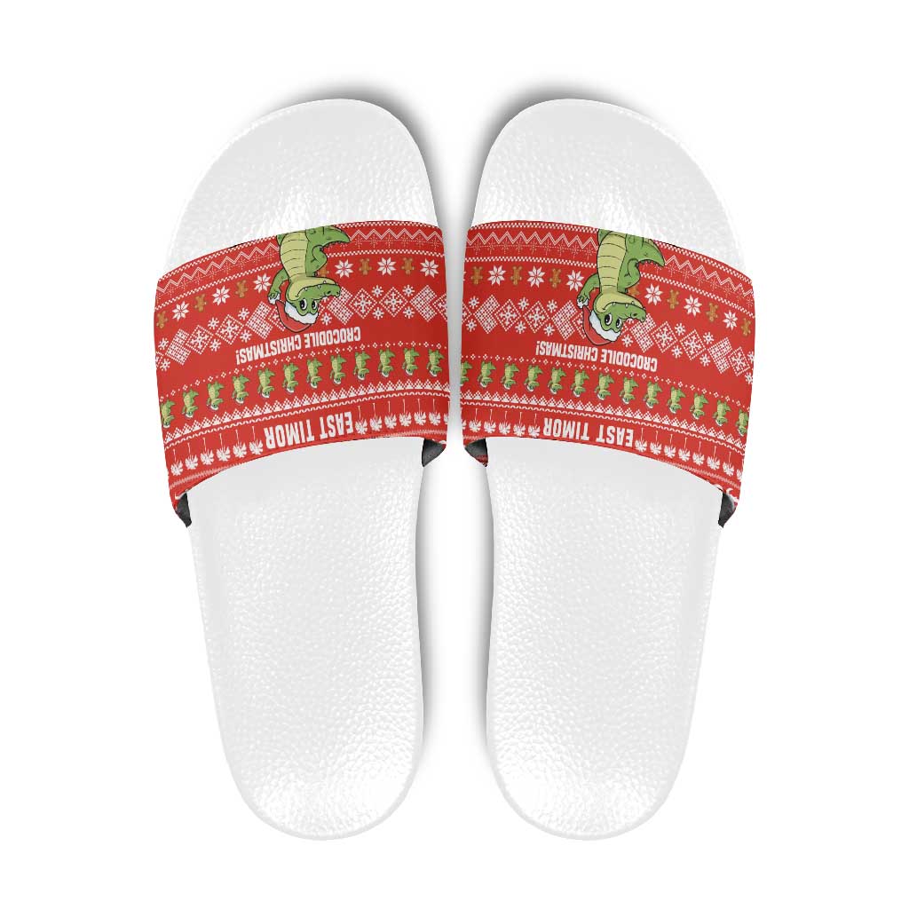 East Timor Christmas Slide Sandals with Santa Crocodile Gingerbread Palm Trees and Red Holiday - Wonder Print Shop