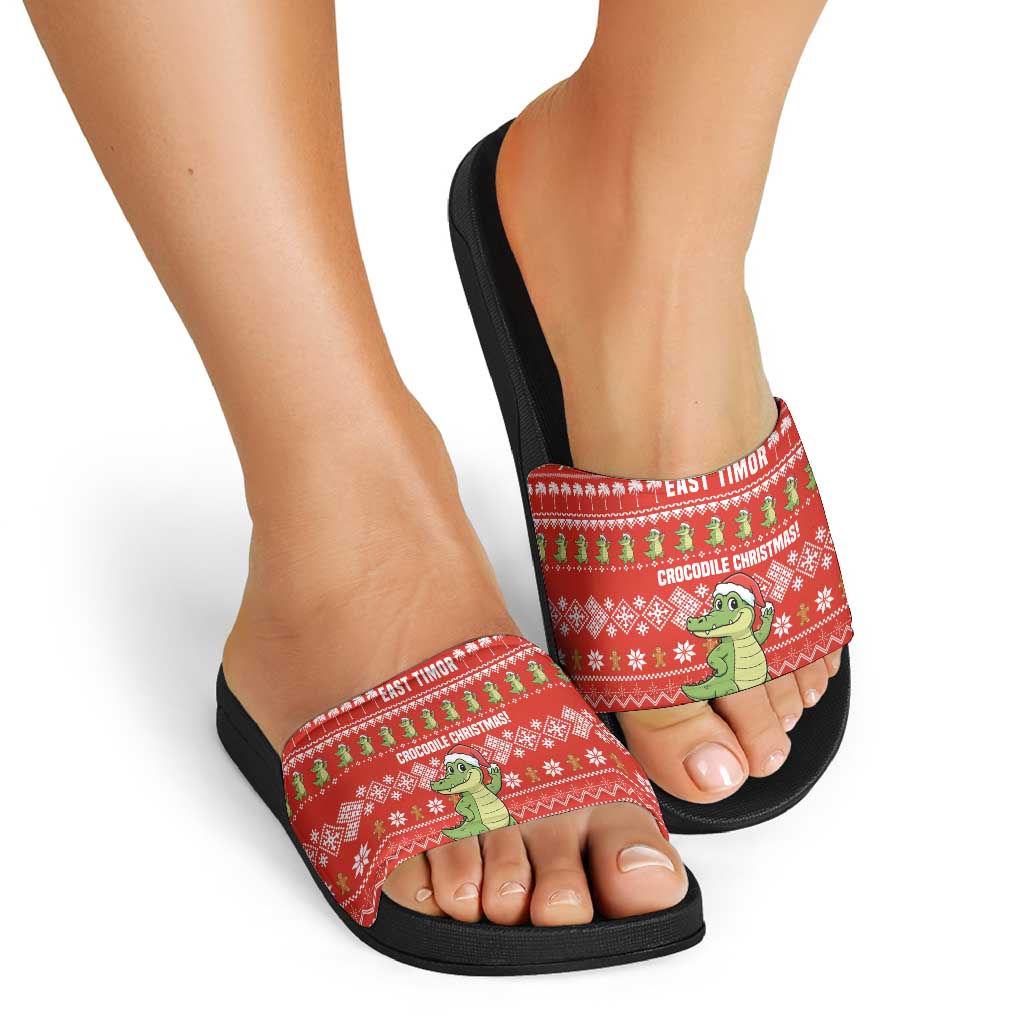 East Timor Christmas Slide Sandals with Santa Crocodile Gingerbread Palm Trees and Red Holiday - Wonder Print Shop