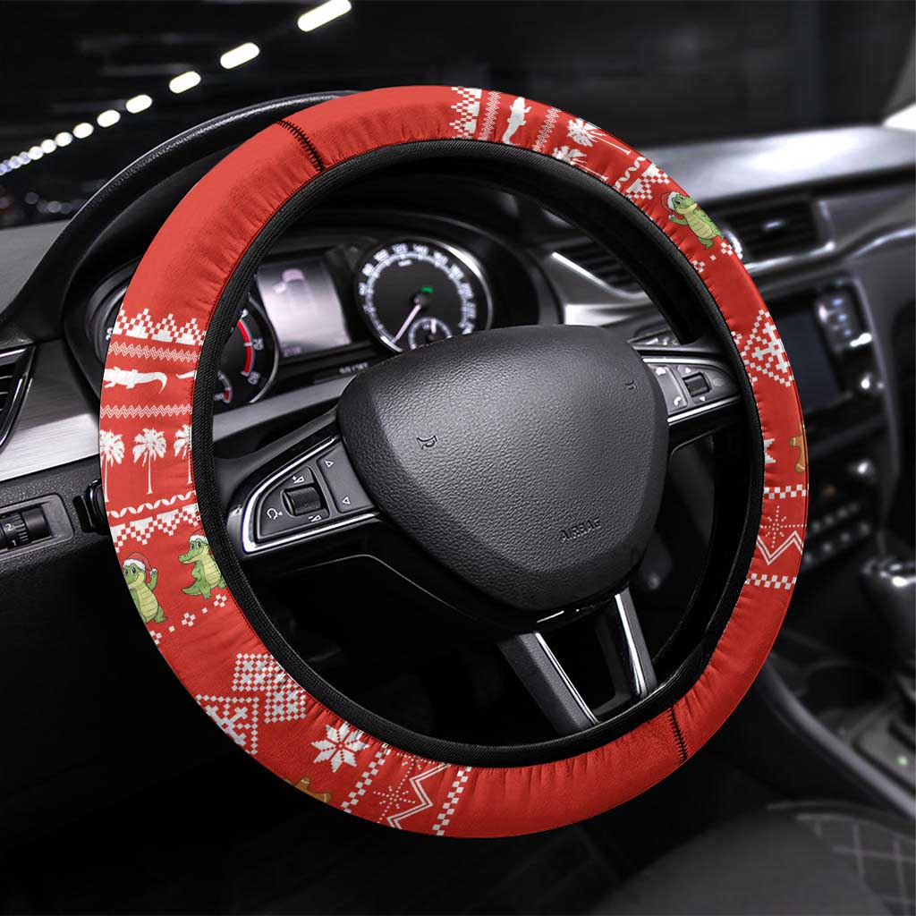 East Timor Christmas Steering Wheel Cover with Santa Crocodile Gingerbread Palm Trees and Red Holiday - Wonder Print Shop