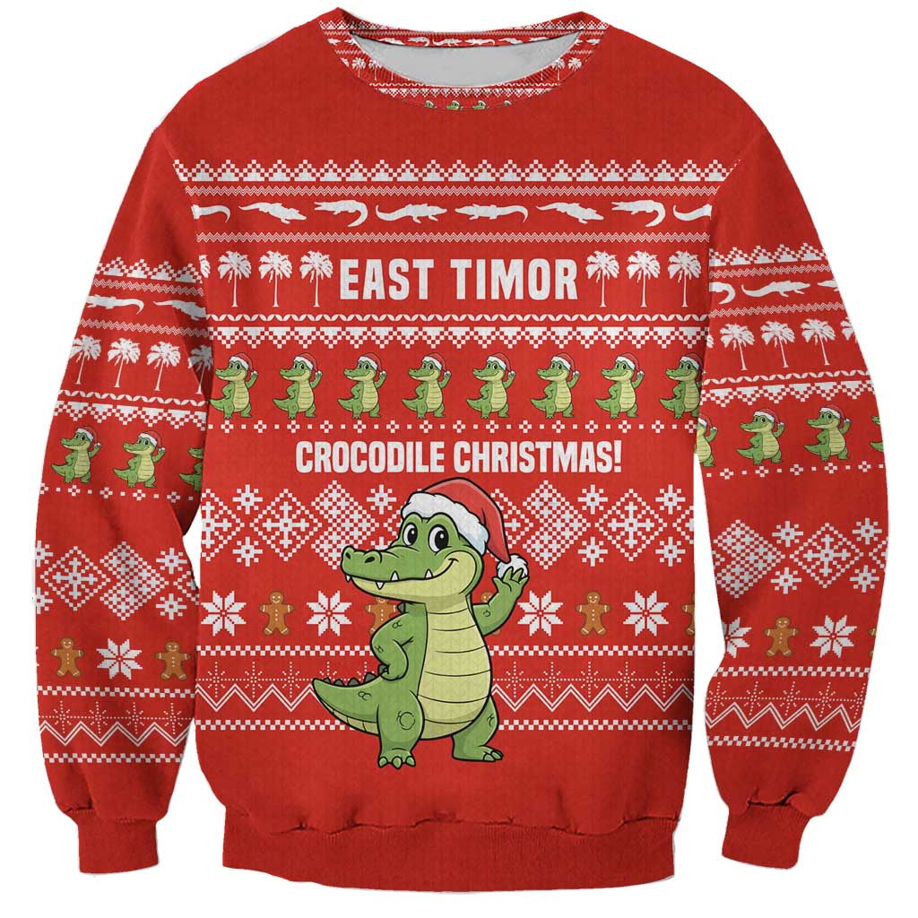 East Timor Christmas Sweatshirt with Santa Crocodile Gingerbread Palm Trees and Red Holiday - Wonder Print Shop