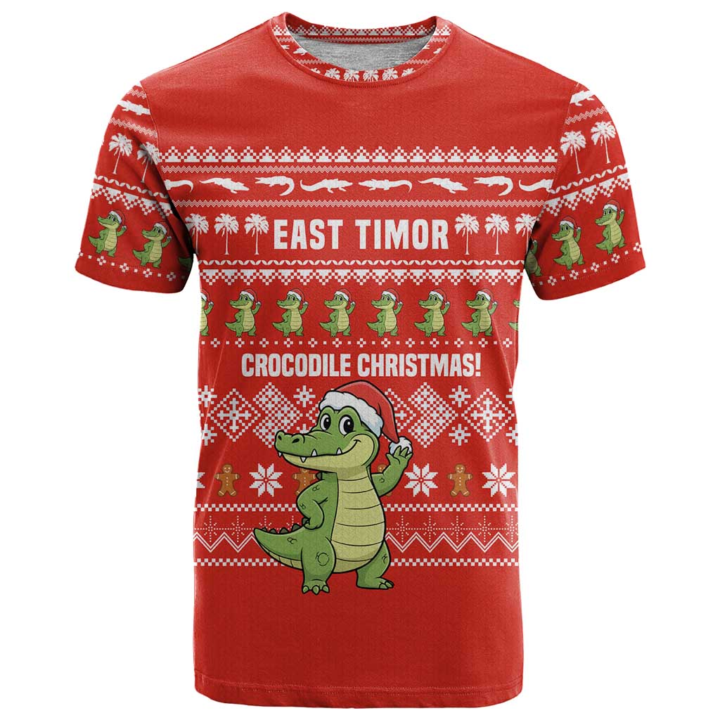 East Timor Christmas T Shirt with Santa Crocodile Gingerbread Palm Trees and Red Holiday - Wonder Print Shop