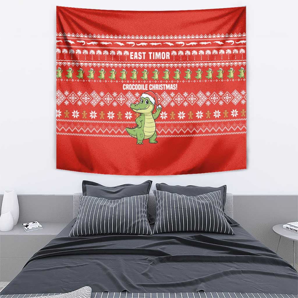 East Timor Christmas Tapestry with Santa Crocodile Gingerbread Palm Trees and Red Holiday - Wonder Print Shop