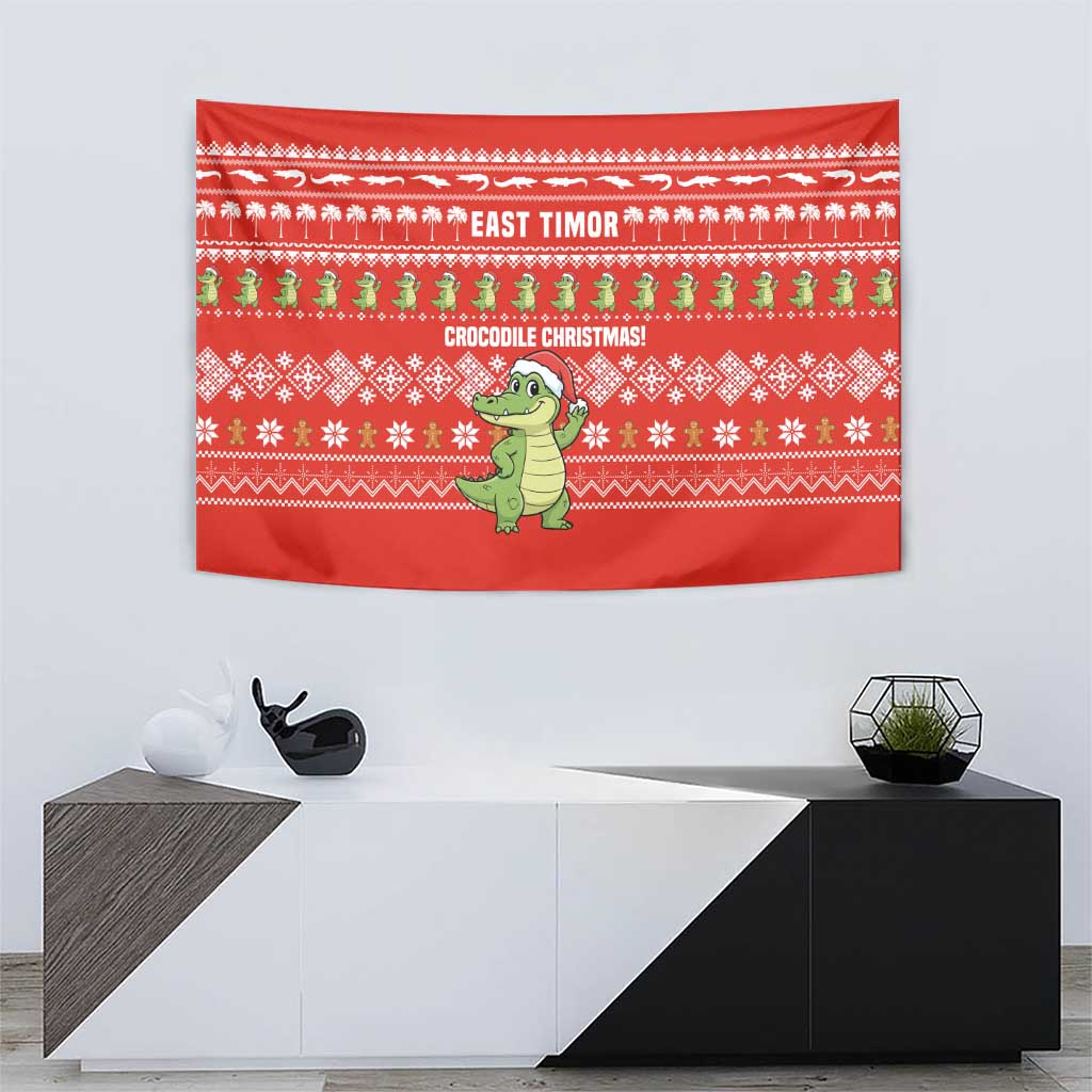 East Timor Christmas Tapestry with Santa Crocodile Gingerbread Palm Trees and Red Holiday - Wonder Print Shop