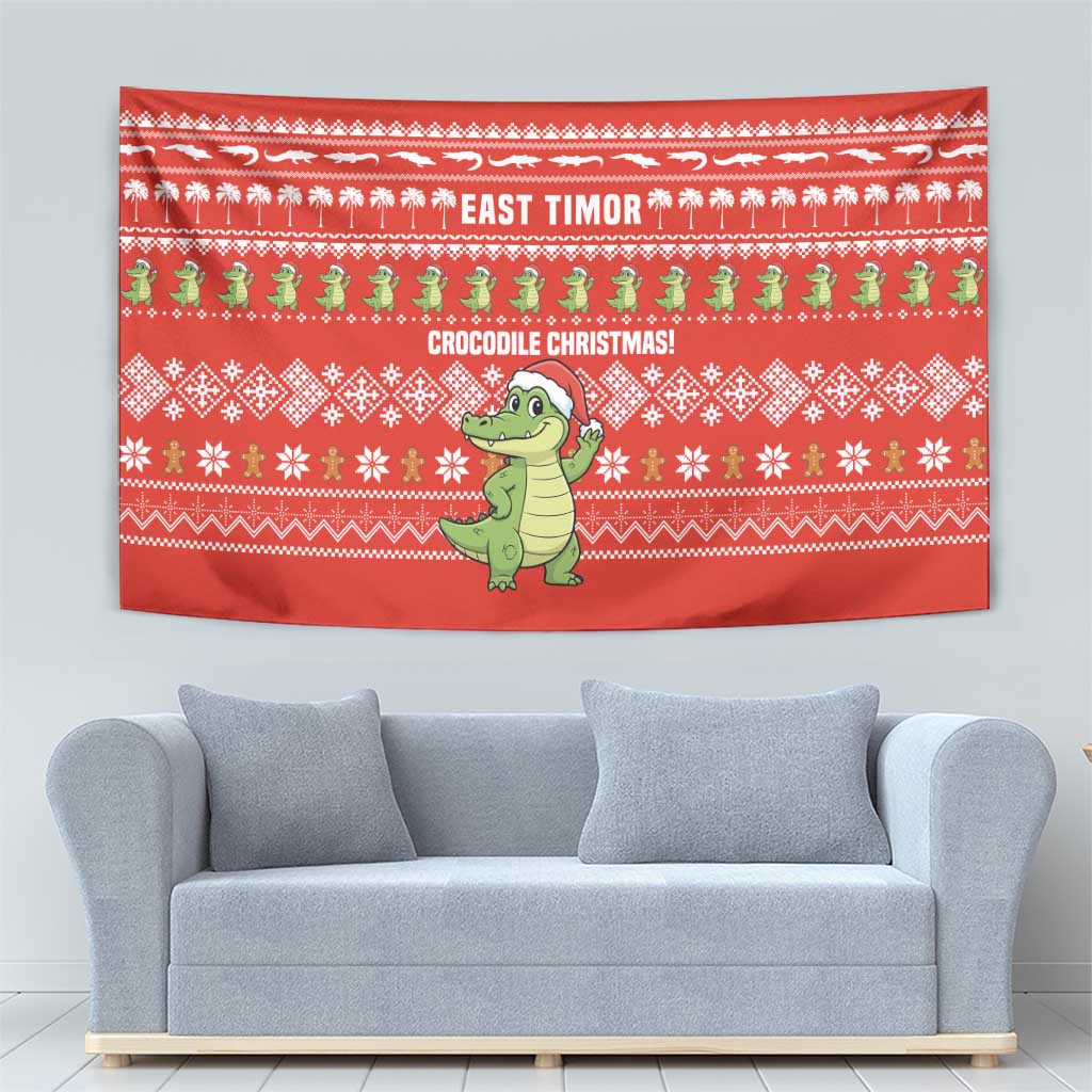East Timor Christmas Tapestry with Santa Crocodile Gingerbread Palm Trees and Red Holiday - Wonder Print Shop