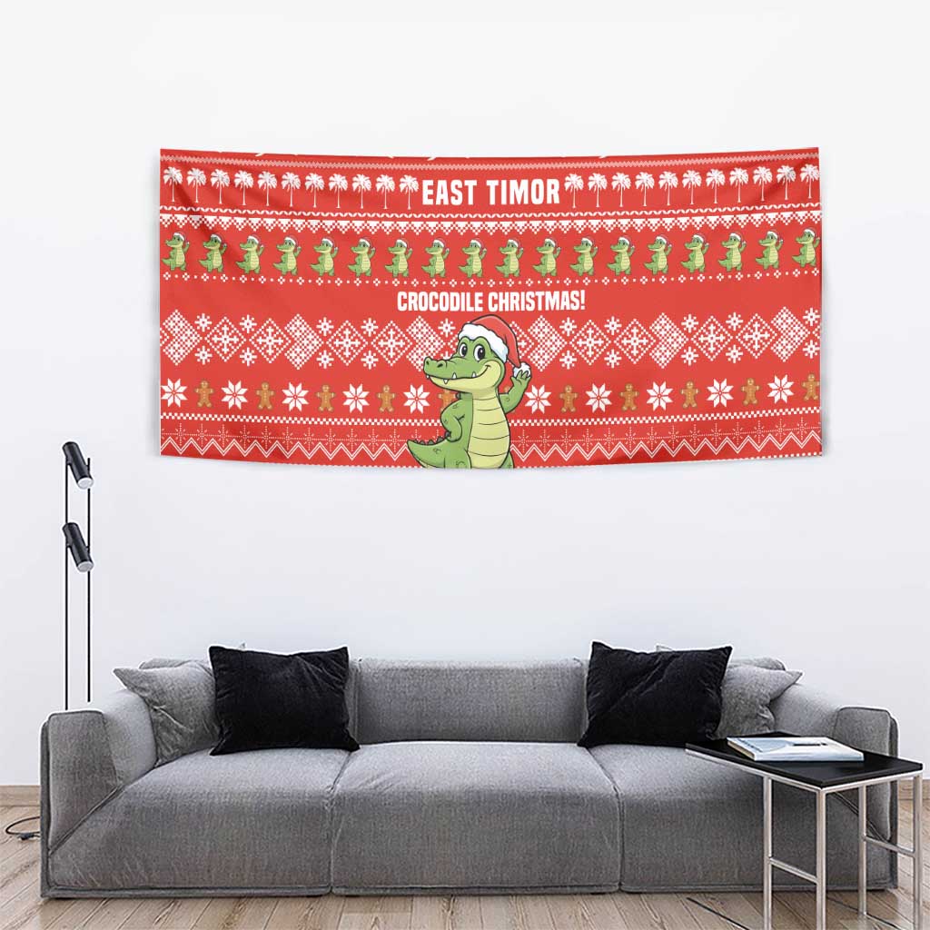 East Timor Christmas Tapestry with Santa Crocodile Gingerbread Palm Trees and Red Holiday - Wonder Print Shop