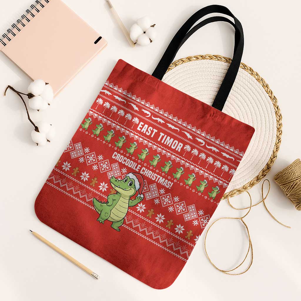 East Timor Christmas Tote Bag with Santa Crocodile Gingerbread Palm Trees and Red Holiday - Wonder Print Shop