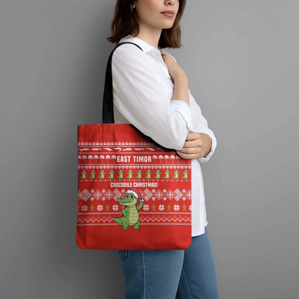 East Timor Christmas Tote Bag with Santa Crocodile Gingerbread Palm Trees and Red Holiday - Wonder Print Shop