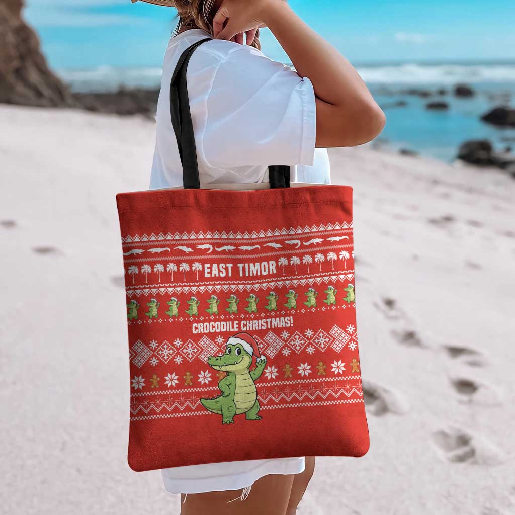 East Timor Christmas Tote Bag with Santa Crocodile Gingerbread Palm Trees and Red Holiday - Wonder Print Shop