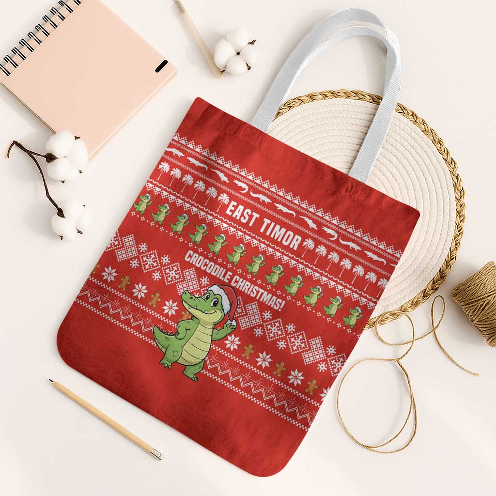 East Timor Christmas Tote Bag with Santa Crocodile Gingerbread Palm Trees and Red Holiday - Wonder Print Shop