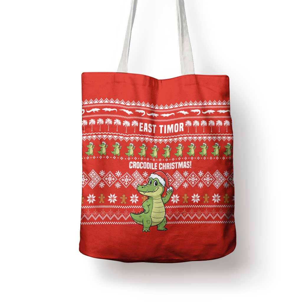 East Timor Christmas Tote Bag with Santa Crocodile Gingerbread Palm Trees and Red Holiday - Wonder Print Shop