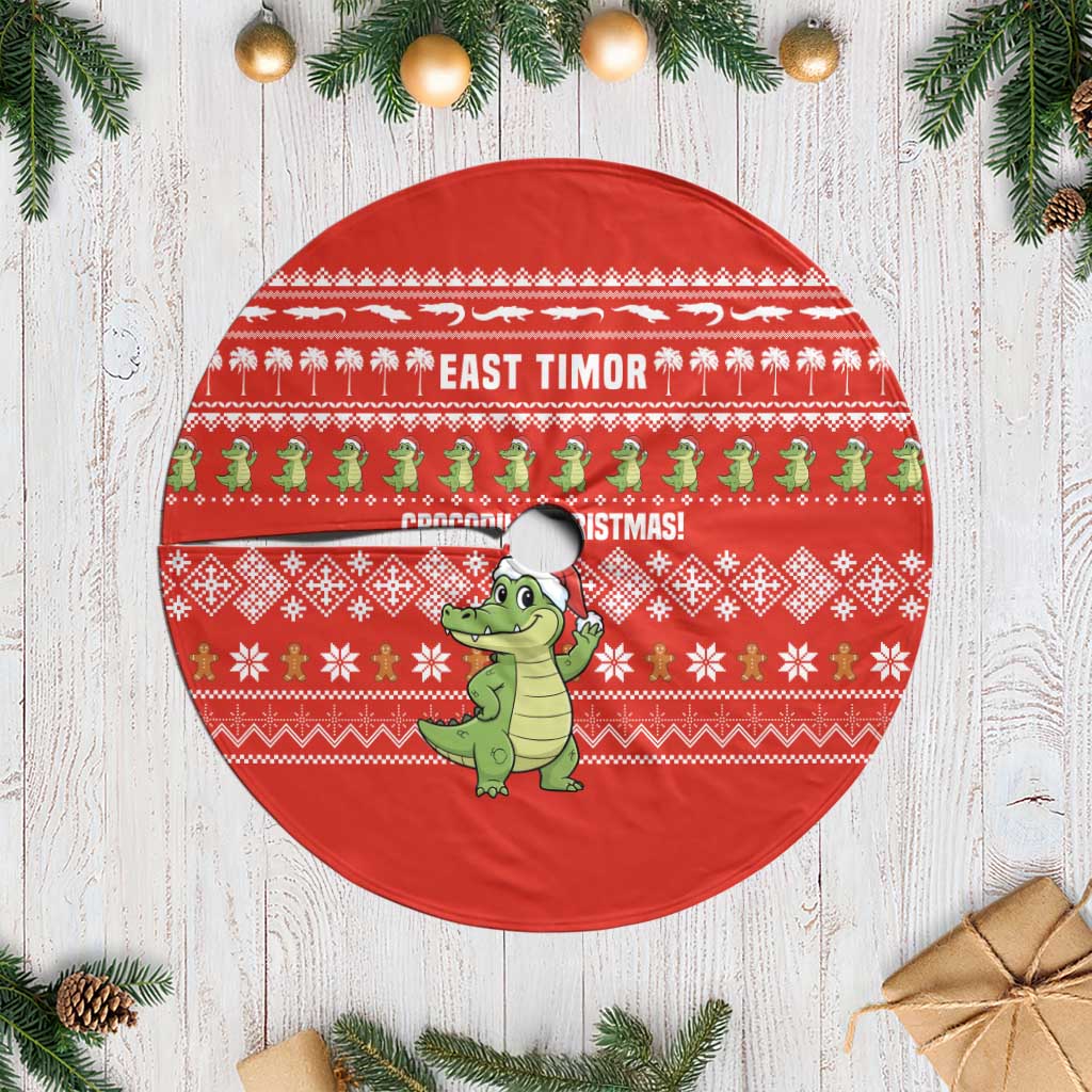 East Timor Christmas Tree Skirt with Santa Crocodile Gingerbread Palm Trees and Red Holiday - Wonder Print Shop
