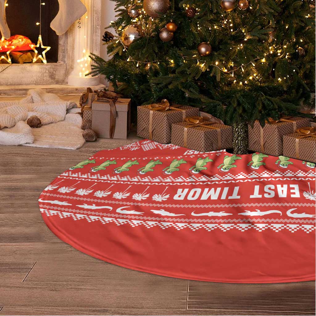 East Timor Christmas Tree Skirt with Santa Crocodile Gingerbread Palm Trees and Red Holiday - Wonder Print Shop