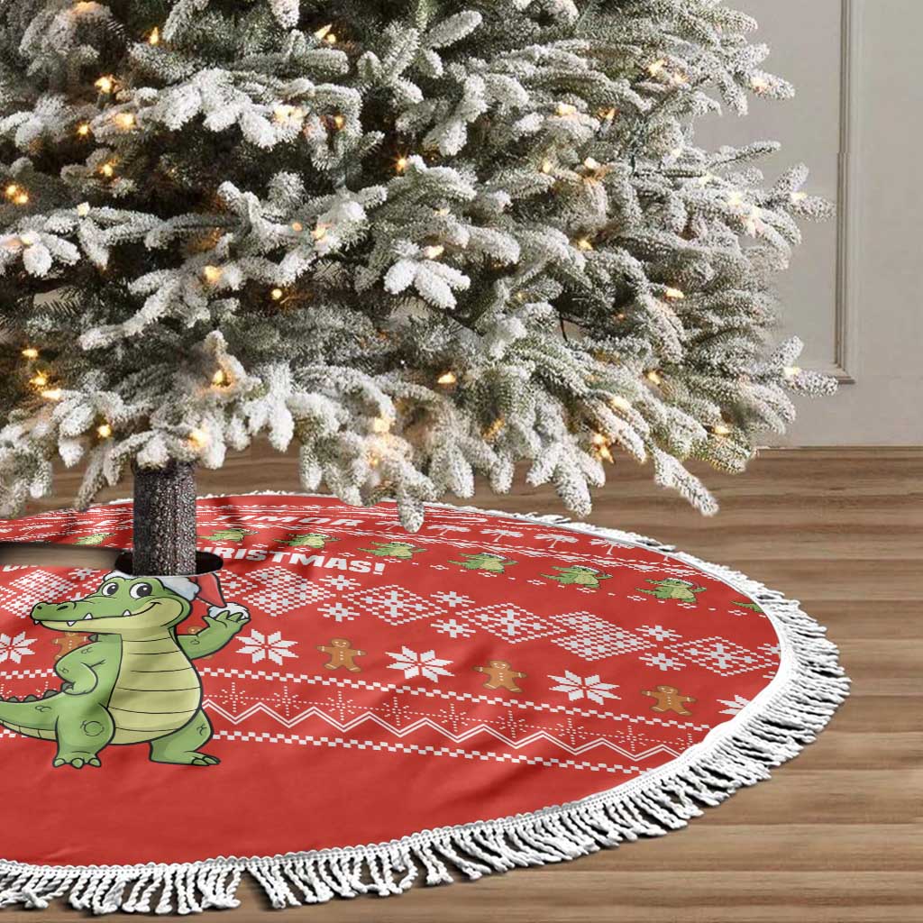 East Timor Christmas Tree Skirt with Santa Crocodile Gingerbread Palm Trees and Red Holiday - Wonder Print Shop