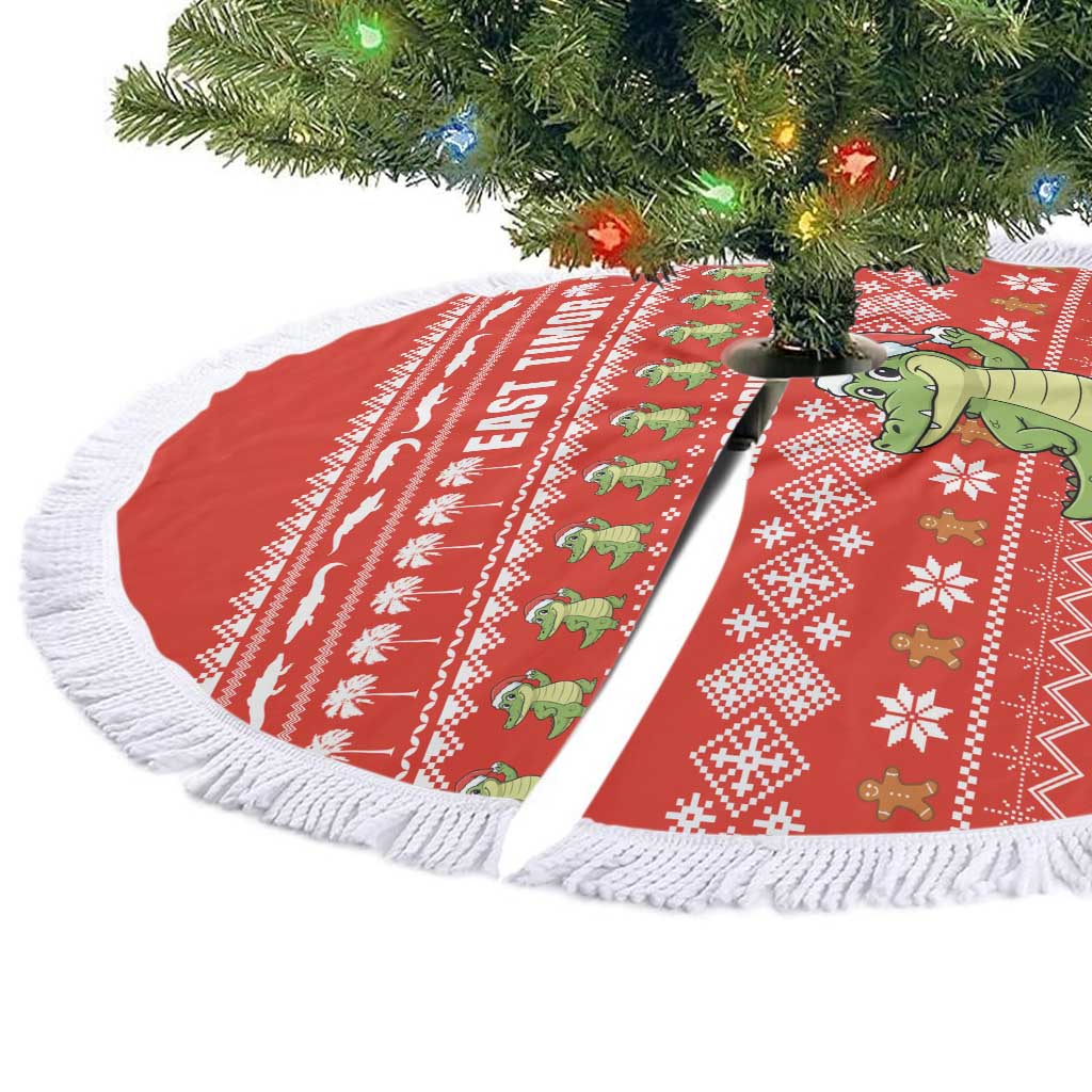 East Timor Christmas Tree Skirt with Santa Crocodile Gingerbread Palm Trees and Red Holiday - Wonder Print Shop