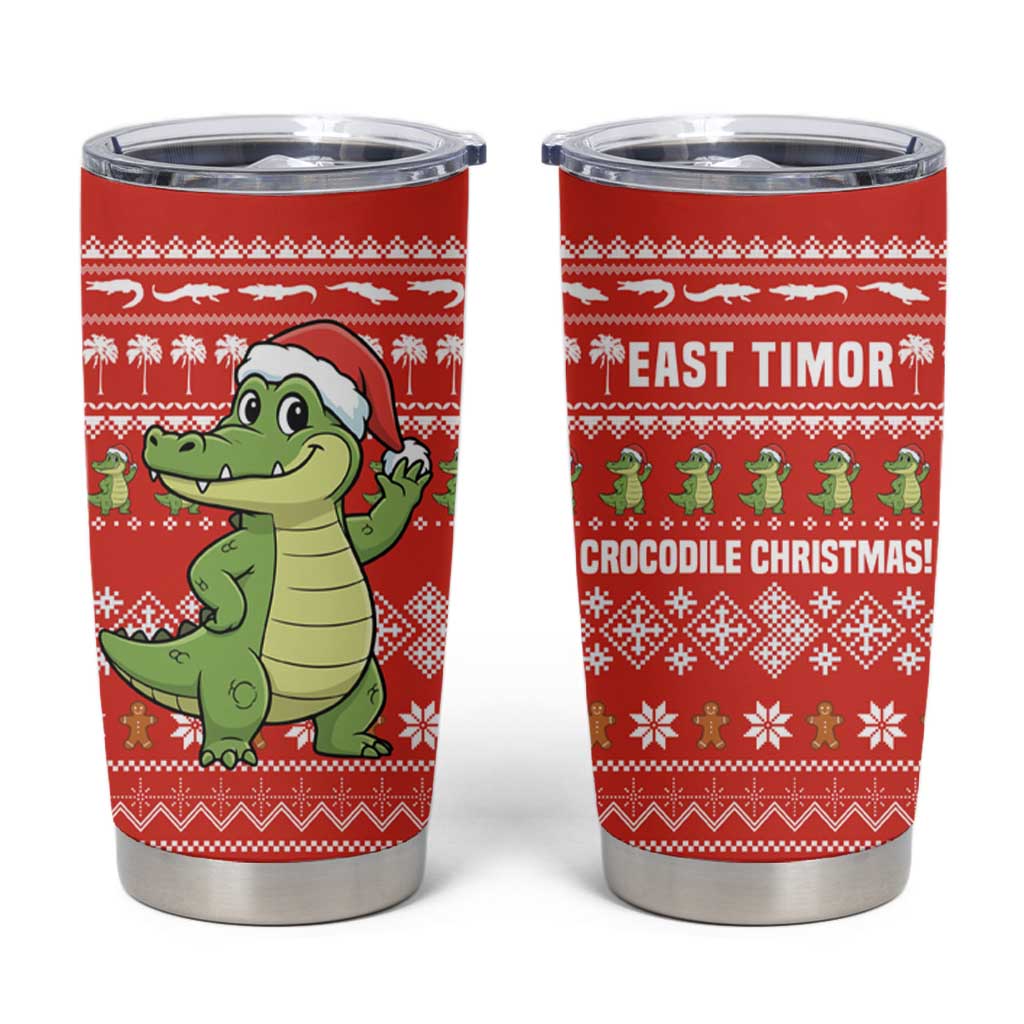 East Timor Christmas Tumbler Cup with Santa Crocodile Gingerbread Palm Trees and Red Holiday - Wonder Print Shop