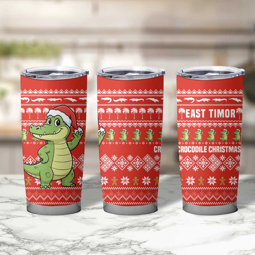 East Timor Christmas Tumbler Cup with Santa Crocodile Gingerbread Palm Trees and Red Holiday - Wonder Print Shop