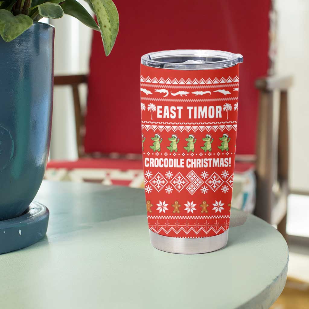 East Timor Christmas Tumbler Cup with Santa Crocodile Gingerbread Palm Trees and Red Holiday - Wonder Print Shop