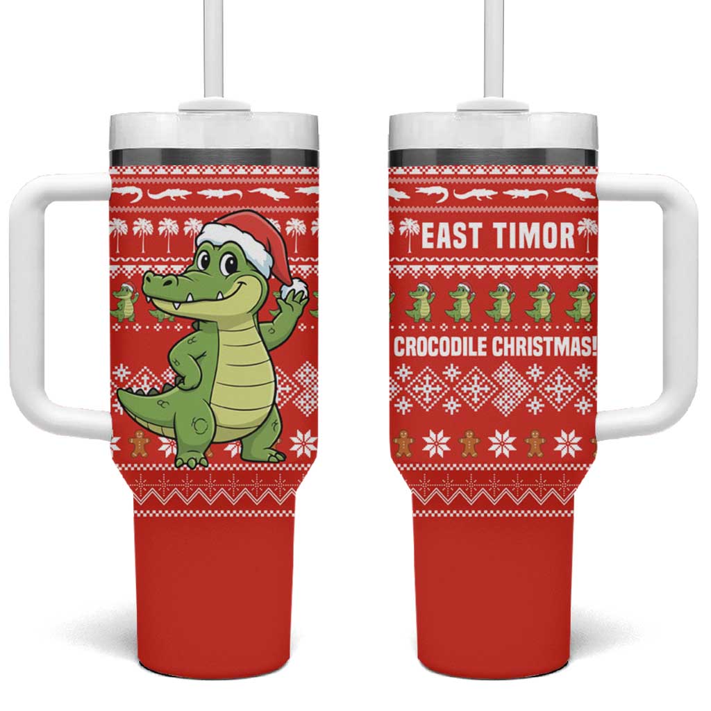 East Timor Christmas Tumbler With Handle with Santa Crocodile Gingerbread Palm Trees and Red Holiday - Wonder Print Shop