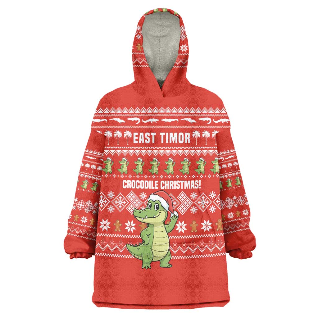 East Timor Christmas Wearable Blanket Hoodie with Santa Crocodile Gingerbread Palm Trees and Red Holiday - Wonder Print Shop