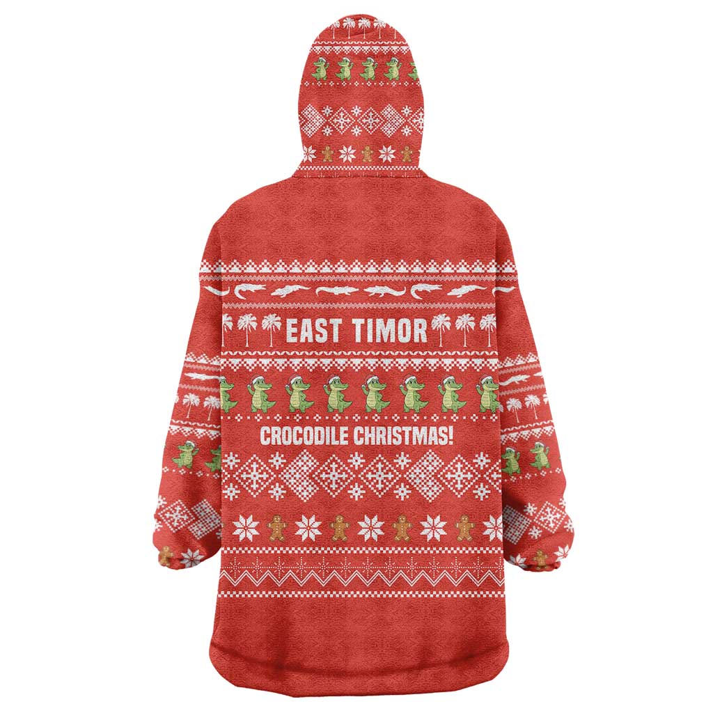 East Timor Christmas Wearable Blanket Hoodie with Santa Crocodile Gingerbread Palm Trees and Red Holiday - Wonder Print Shop