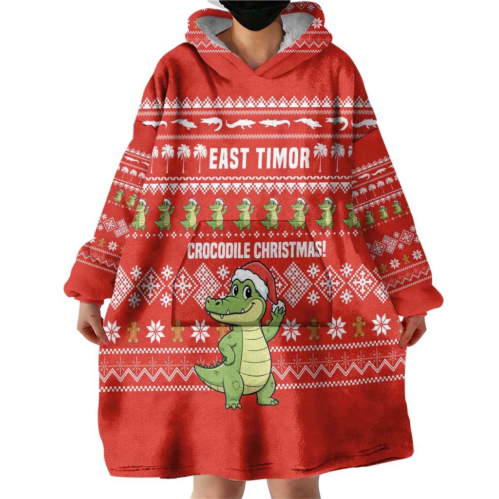 East Timor Christmas Wearable Blanket Hoodie with Santa Crocodile Gingerbread Palm Trees and Red Holiday - Wonder Print Shop
